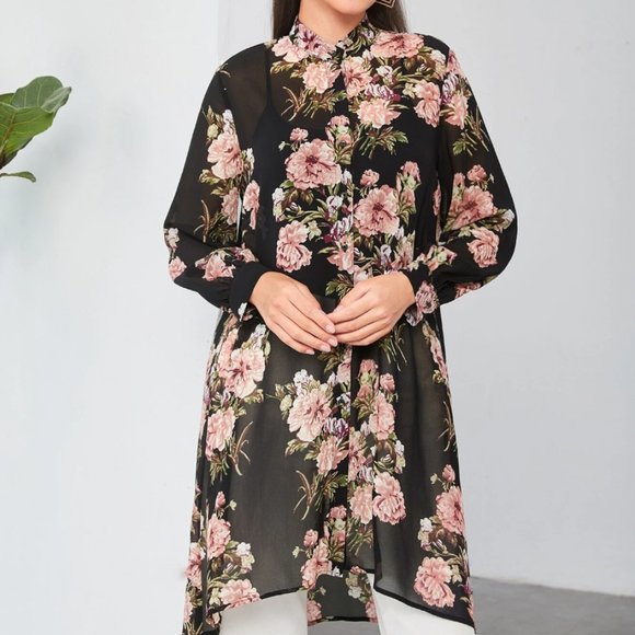 Floral Print High Low Sheer Chiffon Blouse - Picture 3 of 10